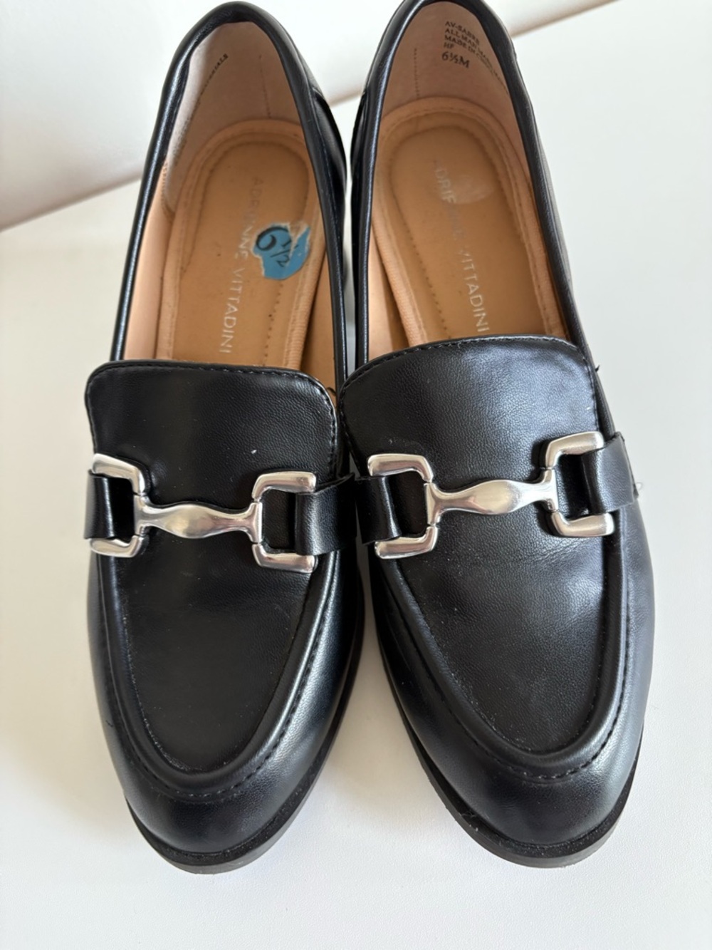 Adrienne Vittadini Black Leather Loafers with Silver Bit